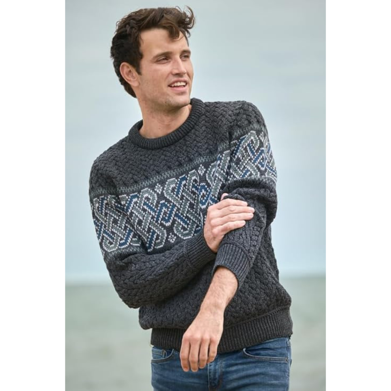 Irish Aran Jacquard Crew Neck Sweater  - Charcoal